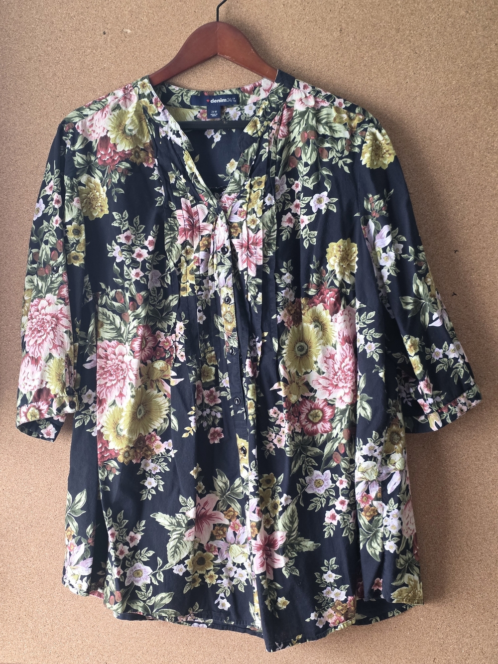 denim 24/7 Floral 100% Cotton Blouse 24W – Navy Multicolor Long Sleeve Top